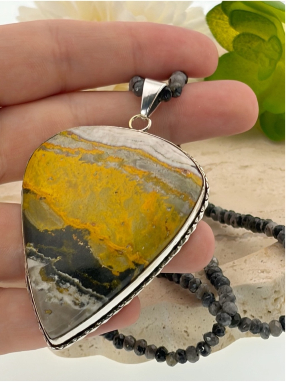 XL Bumblebee Jasper Pendant Moonstone Necklace 925 Sterling Silver Overlay - Picture 4 of 7